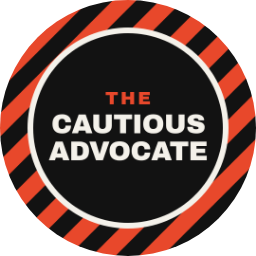 The Cautious Advocate logo: the name inside a hazard-striped ring